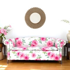 modern living room with pink flowers print sofa