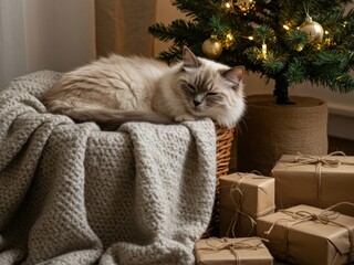A fluffy cat rests cozily in a blanket-lined wicker basket next to a lit Christmas tree and wrapped gifts, setting a warm, festive holiday scene.