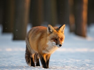 A beautiful red fox stands in fresh snow during golden hour, illuminated by warm sunlight in a winter forest setting.