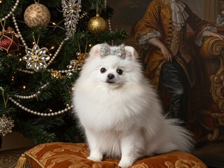 A fluffy white Pomeranian dog wearing a rhinestone bow sits elegantly on an orange velvet cushion, posed next to a decorated Christmas tree and a classic portrait painting.