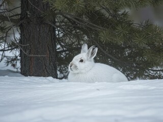 A white snowshoe hare rests in deep snow beneath a pine tree in a winter forest, perfectly camouflaged against the cold environment.