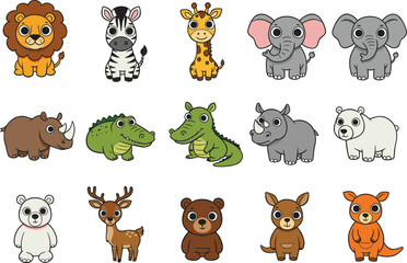 Naklejka premium Cartoon wild animal set, cute jungle characters, kids illustration, zoo wildlife clipart, lion zebra giraffe elephant bear kangaroo