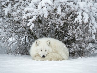 A fluffy white Arctic fox curled up sleeping in deep snow beneath snow-covered bushes during a winter snowfall.