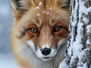 Close-up painting of a red fox peering from behind a snowy tree trunk in winter, with snowflakes dusting its rich orange fur.