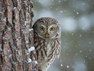 A spotted owl with intense yellow eyes peeks around the snow-dusted bark of a pine tree during a winter snowfall.