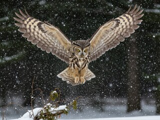 Majestic owl flying with wings spread against a dark, snowy forest background, scattering snow as it descends toward a snowy branch.
