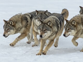 Four gray wolves, members of a pack, run at speed through deep, white snow, kicking up powder in a dynamic winter scene.