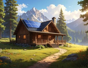 A picturesque cabin in a mountain valley, sunny day with solar panels and a pathway