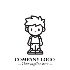 Black and White Chibi Boy Illustration with Jacket and Boots in Bold Thick Line Art Minimal Style
