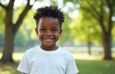 Young african american boy smiles in park. Black child with curly hair wears white t-shirt outside. Happy kid enjoys sunny day in nature, close up portrait. Childhood innocence and joy.