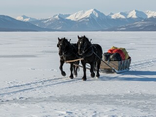 Two black horses pull a loaded sled across a vast frozen lake or plain, set against a backdrop of majestic, snow-capped mountains under a sunny sky.