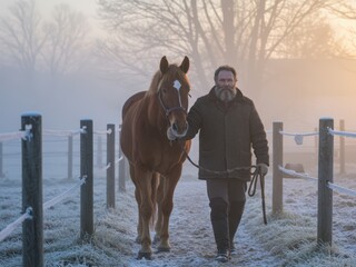 A bearded man leads a chestnut horse through a frost-covered paddock on a foggy winter morning, illuminated by soft golden light.