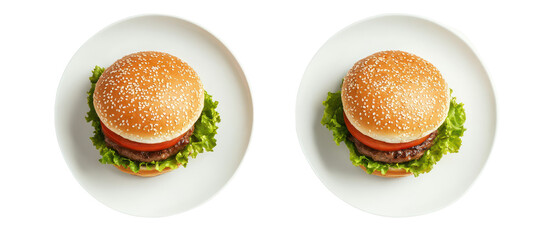 Two delicious mini burgers on white plates isolated on transparent background