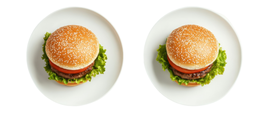 Two delicious mini burgers on white plates isolated on transparent background