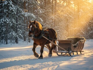 A brown draft horse pulling a wooden sleigh through a sun-drenched, snowy forest during golden hour.