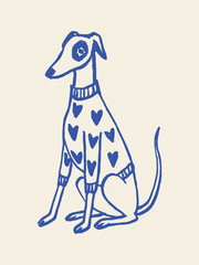 Fototapeta na wymiar Greyhound in sweater with hearts, naive sketch vector illustration
