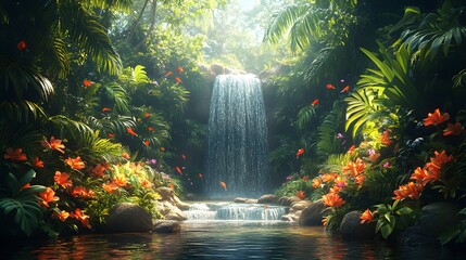 Lush jungle scene with a radiant waterfall cascading into a tranquil pond. Tropical foliage and vibrant orange flowers frame the serene water. Captivating scenery offers peace and beauty.