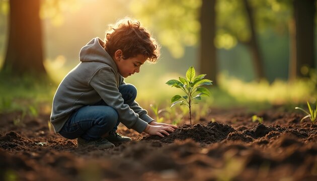 A young boy plants a tree sapling in a natural setting. The photo shows a child working on sustainable future. It is about environment and caring.