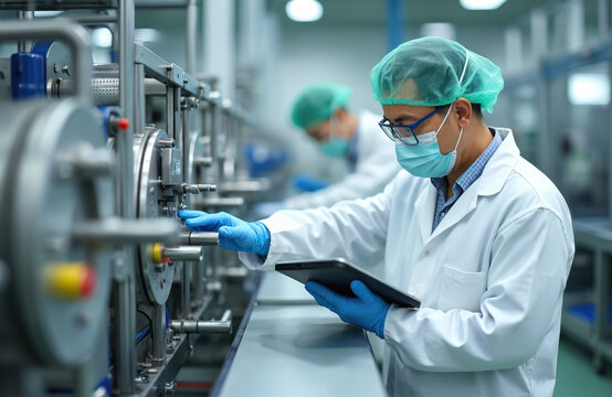 Engineer man wears hygienic mask, hairnet, gloves with white lab coat. Precisely checks modern production machine using digital tablet in clean, sterile factory. Another worker performs tasks nearby. - Powered by Adobe