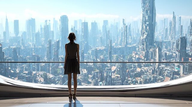 A woman stands in front of a large window, gazing at the futuristic cityscape below. The towering skyscrapers and urban landscape stretch into the distance, showcasing modern archi