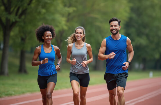 Diverse group of friends running together on track. Happy people enjoy sport and fitness. They train outdoors, smiling and moving with energy on a sunny day.