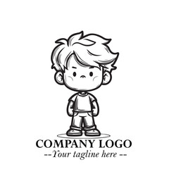 Black and White Chibi Boy Illustration with Jacket and Boots in Bold Thick Line Art Minimal Style