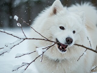 A fluffy white Samoyed dog plays intensely in a snowy winter landscape, chewing on a snow-covered branch during snowfall.