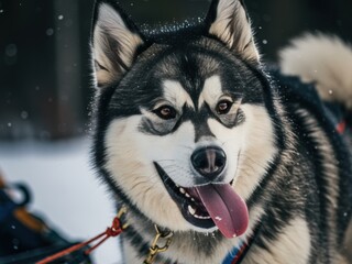 Close-up portrait of a powerful Alaskan-type dog (husky/malamute) panting with its tongue out in a snowy, wintry environment, likely engaged in dog sledding.