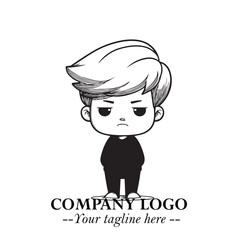 Black and White Chibi Boy Illustration with Jacket and Boots in Bold Thick Line Art Minimal Style