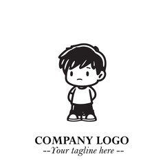 Black and White Chibi Boy Illustration with Jacket and Boots in Bold Thick Line Art Minimal Style