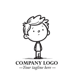 Black and White Chibi Boy Illustration with Jacket and Boots in Bold Thick Line Art Minimal Style