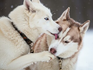 Two affectionate Siberian Huskies grooming each other in falling snow during winter. One white dog licks the brown dog's face, showing warmth and bonding.