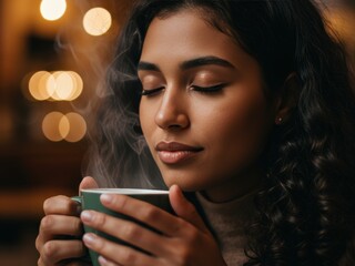 A close-up of a young woman with closed eyes enjoying the steam from a hot beverage in a green mug in a cozy, bokeh-lit setting.