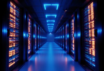 Abstract view of a modern data center with illuminated server racks showcasing vibrant blue and orange lights representing technology and digital data flow