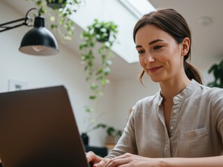 Smiling woman working on a laptop in a bright home office featuring a skylight, desk lamp, and lush hanging greenery.