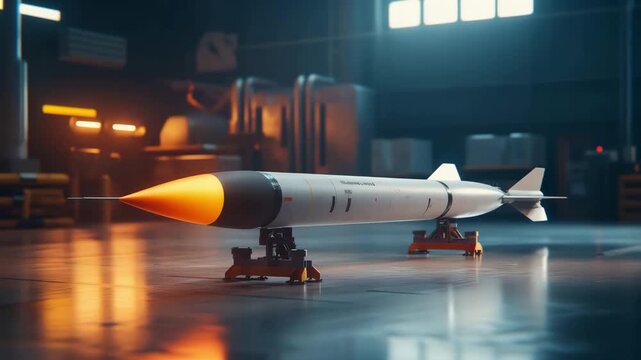 A missile is being prepared in a high tech military facility, highlighting advanced engineering and technology in action