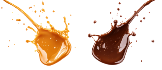 Two liquid splashes caramel and chocolate isolated on transparent background