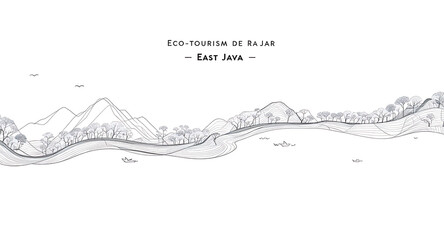 Eco-tourism landscape of East Java, line art scenery with mountains and trees, minimalist vector