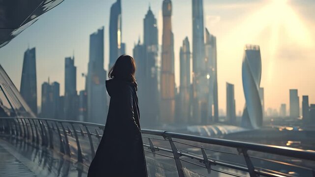 A woman stands on a sleek balcony, gazing at skyscrapers that define the modern city skyline. The woman observes the dynamic architecture and glowing buildings as daylight fades.