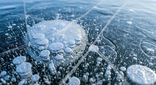 Frozen bubbles trapped within cracked ice surface showing natural abstract patterns