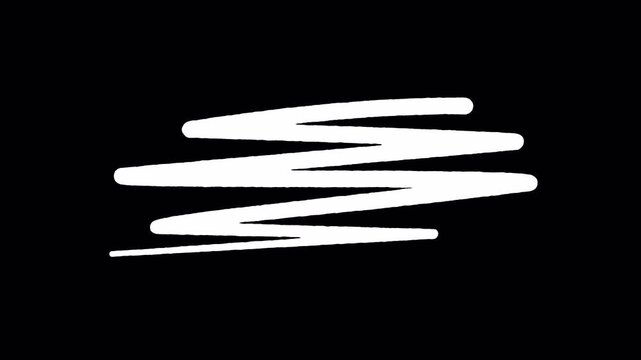 Animation of white scribble zigzag strokes isolated on transparent background in 4k alpha channel. suitable for abstract minimalist animation, and overlays