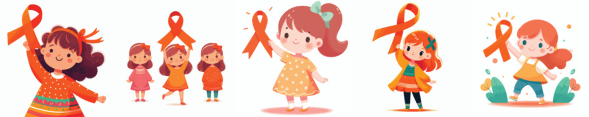 vector of a little girl holding an orange ribbon