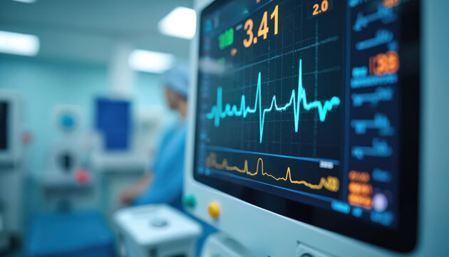Medical monitor screen displays patient vital signs data, showing ECG heart rate wave, numbers. Blurred background hospital doctor nurse working in intensive care unit room with modern tech.