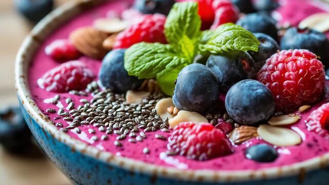 Vibrant smoothie bowl topped with assorted fresh berries and chia seeds placed on a table. Healthy nutrition recipes