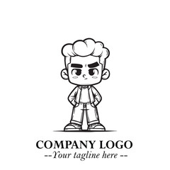 Black and White Chibi Boy Illustration with Jacket and Boots in Bold Thick Line Art Minimal Style