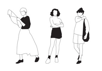 Set of 3 Model Women, Reference pose characters, Line art Vector Illustration SVG - Architecture People 