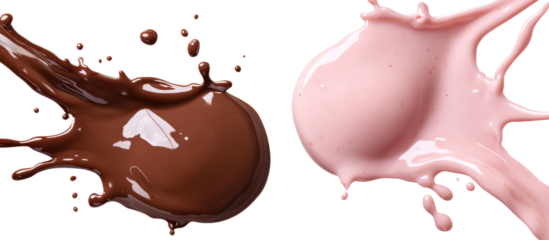 Chocolate Milk Splash and Strawberry Milk Splash Side by Side on Transparent Background