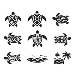 Nine Polynesian Sea Turtle Silhouettes in Symmetrical Grid with Intricate Ocean-Inspired Patterns.