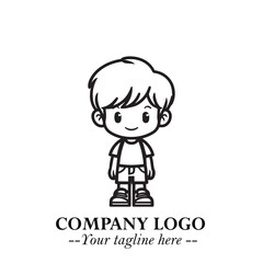 Black and White Chibi Boy Illustration with Jacket and Boots in Bold Thick Line Art Minimal Style