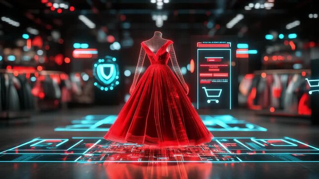 A digital mannequin displays a red dress in an interactive retail space utilizing technology for an engaging virtual shopping experience
